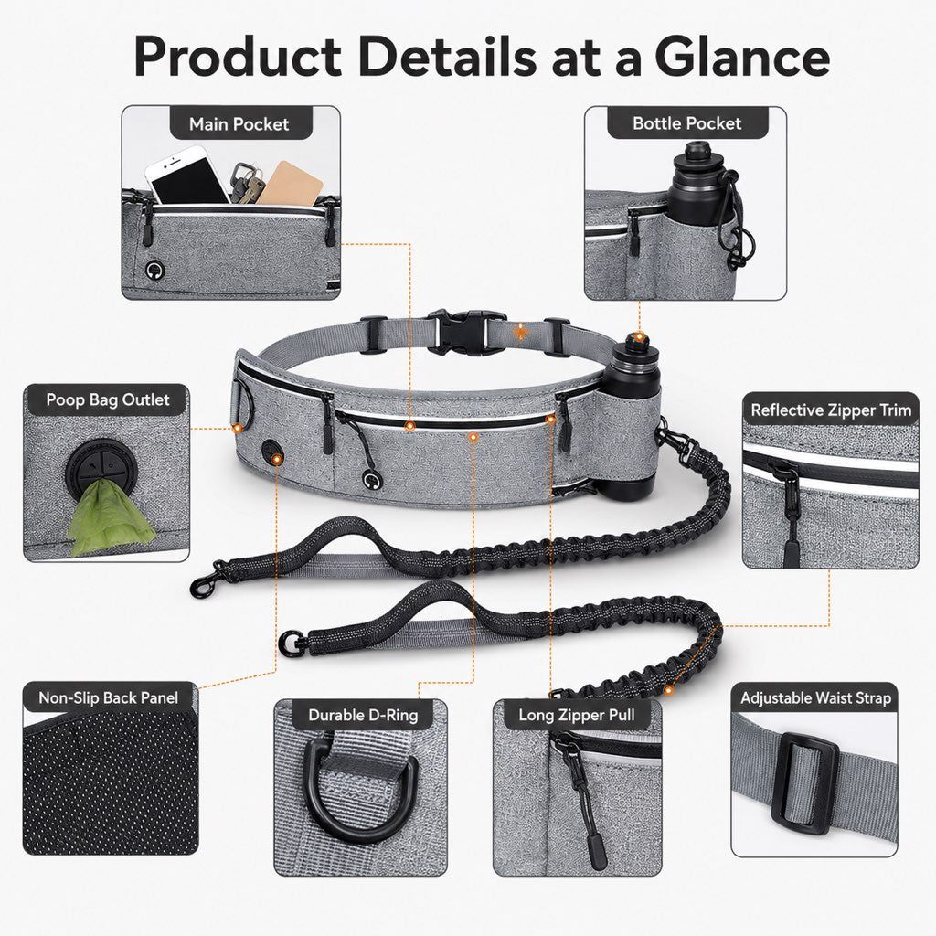 Malloren Hands-Free Dog Running Leash Waist Belt – Shock Absorbing & Reflective, Perfect for Jogging, Hiking & Outdoor Walks with Your Dog