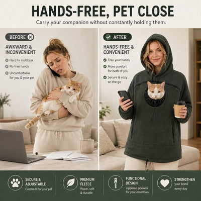 Malloren Hands-Free Pet Carrier Hoodie – Cozy Front Pouch for Cats & Small Dogs at Home & Everyday Outings