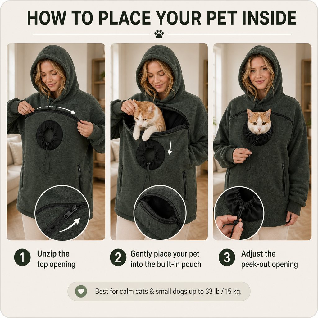 Malloren Hands-Free Pet Carrier Hoodie – Cozy Front Pouch for Cats & Small Dogs at Home & Everyday Outings