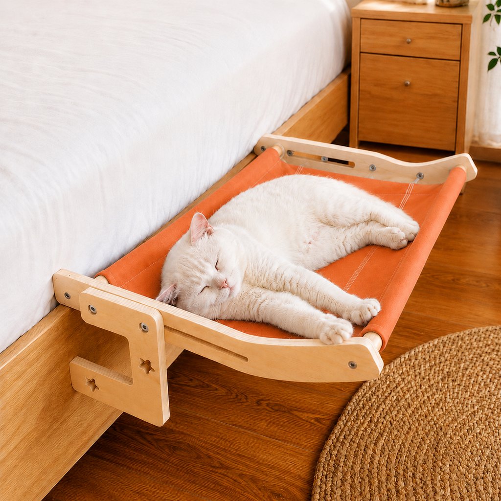 Malloren Bedside Hanging Cat Hammock Bed - Space-Saving Elevated Cat Lounge for Beds, Sofas & Windows