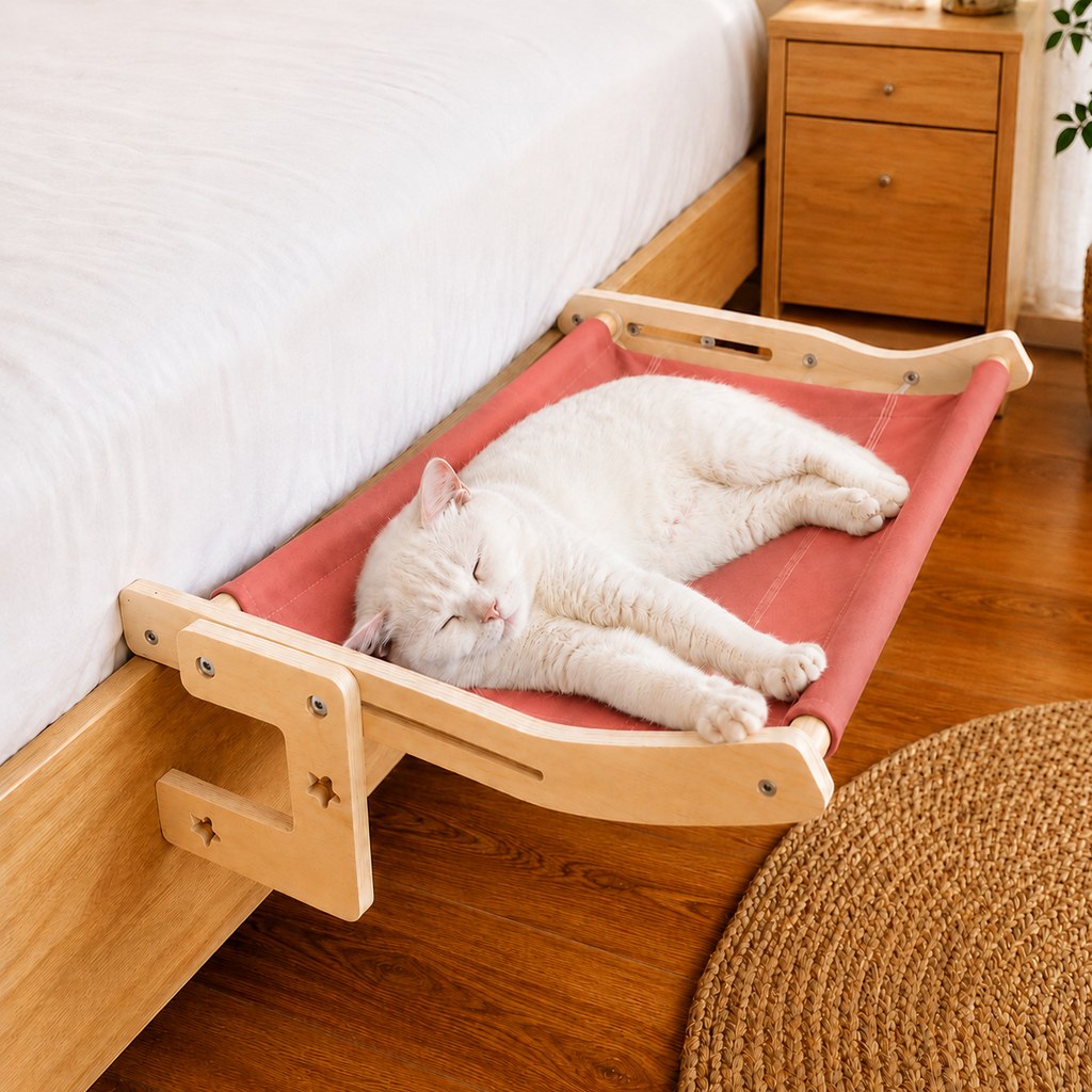 Malloren Bedside Hanging Cat Hammock Bed - Space-Saving Elevated Cat Lounge for Beds, Sofas & Windows