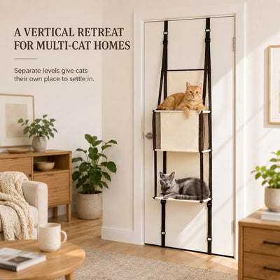 Malloren 3-Tier Door-Mounted Hanging Cat Tree for Apartments – Foldable Space-Saving Cat Climber & Lounge