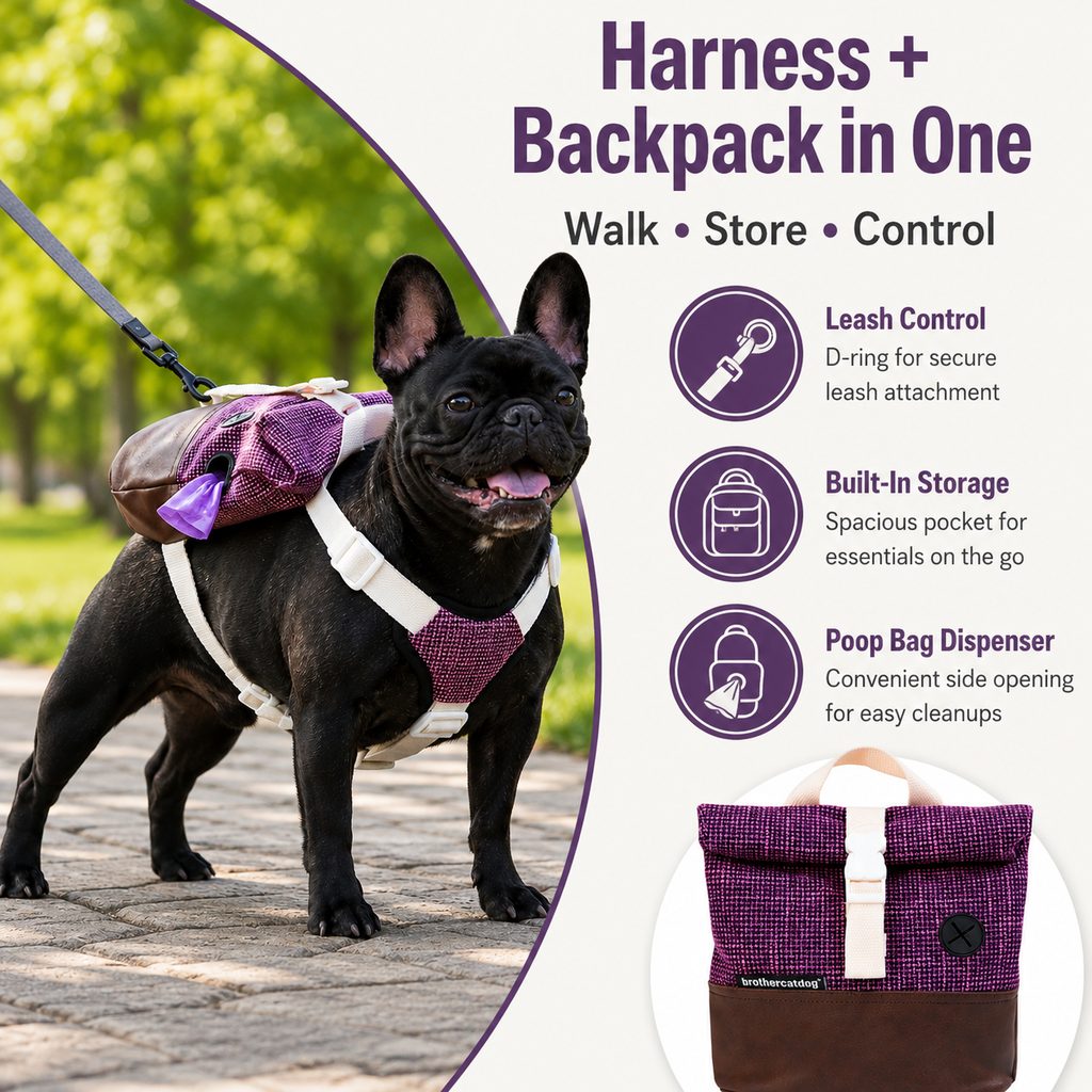 Malloren Frenchie Adventure Backpack Harness for Daily Walks - Carry Poop Bags, Treats & Keys Without Neck Pulling