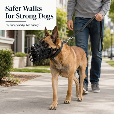 Malloren Heavy-Duty Black Steel Basket Dog Muzzle for Large Dogs - Safer Walks, Vet Visits & Anti-Scavenging Control
