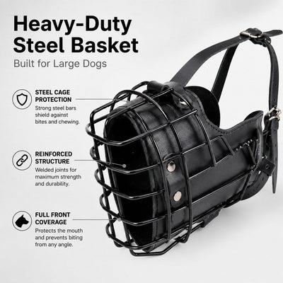 Malloren Heavy-Duty Black Steel Basket Dog Muzzle for Large Dogs - Safer Walks, Vet Visits & Anti-Scavenging Control