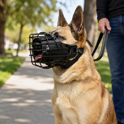 Malloren Heavy-Duty Black Steel Basket Dog Muzzle for Large Dogs - Safer Walks, Vet Visits & Anti-Scavenging Control