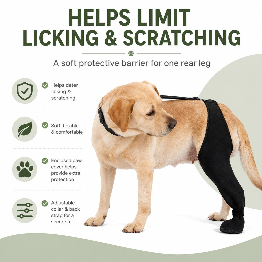 Malloren Adjustable Dog Rear Leg Recovery Sleeve with Paw Cover - Helps Limit Licking During Post-Surgery Rest