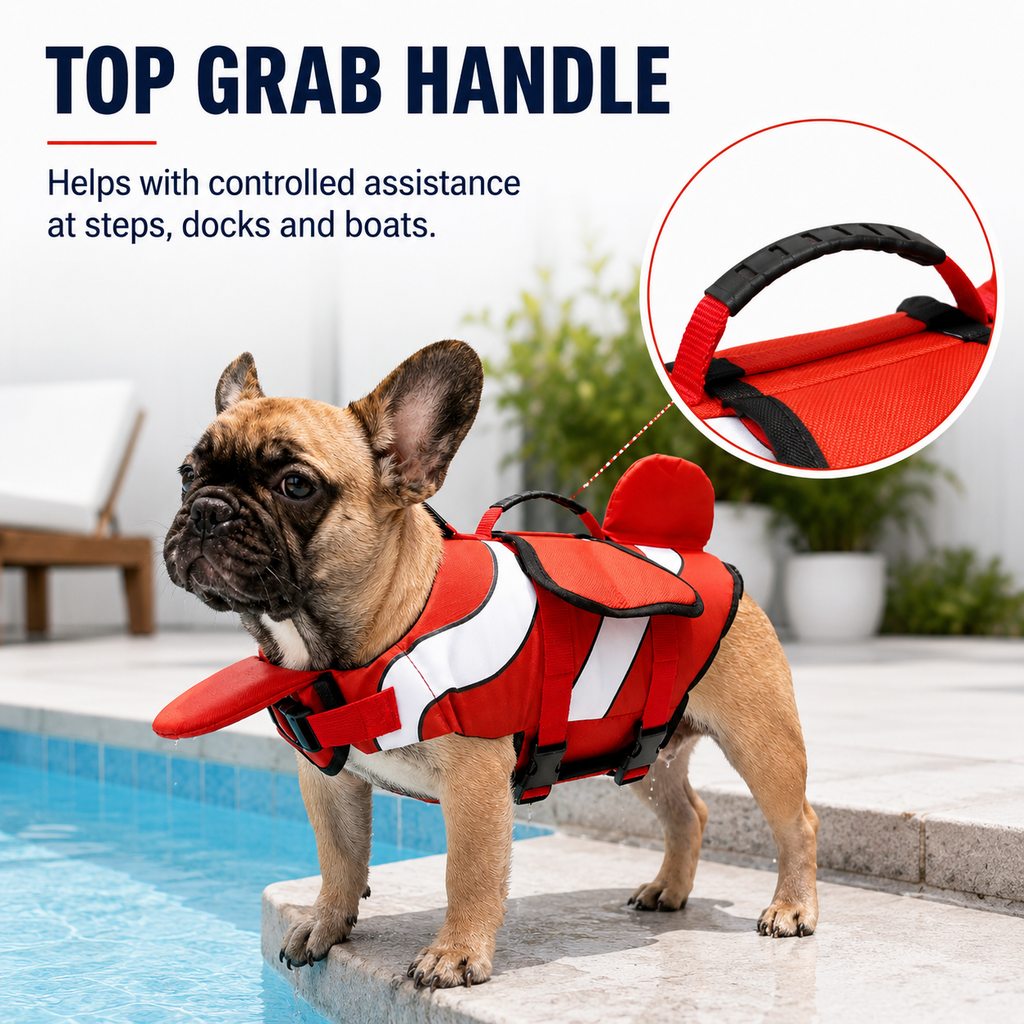Malloren French Bulldog Life Jacket for Pool, Beach & Boating - Adjustable Flotation Vest with Chin Support & Grab Handle