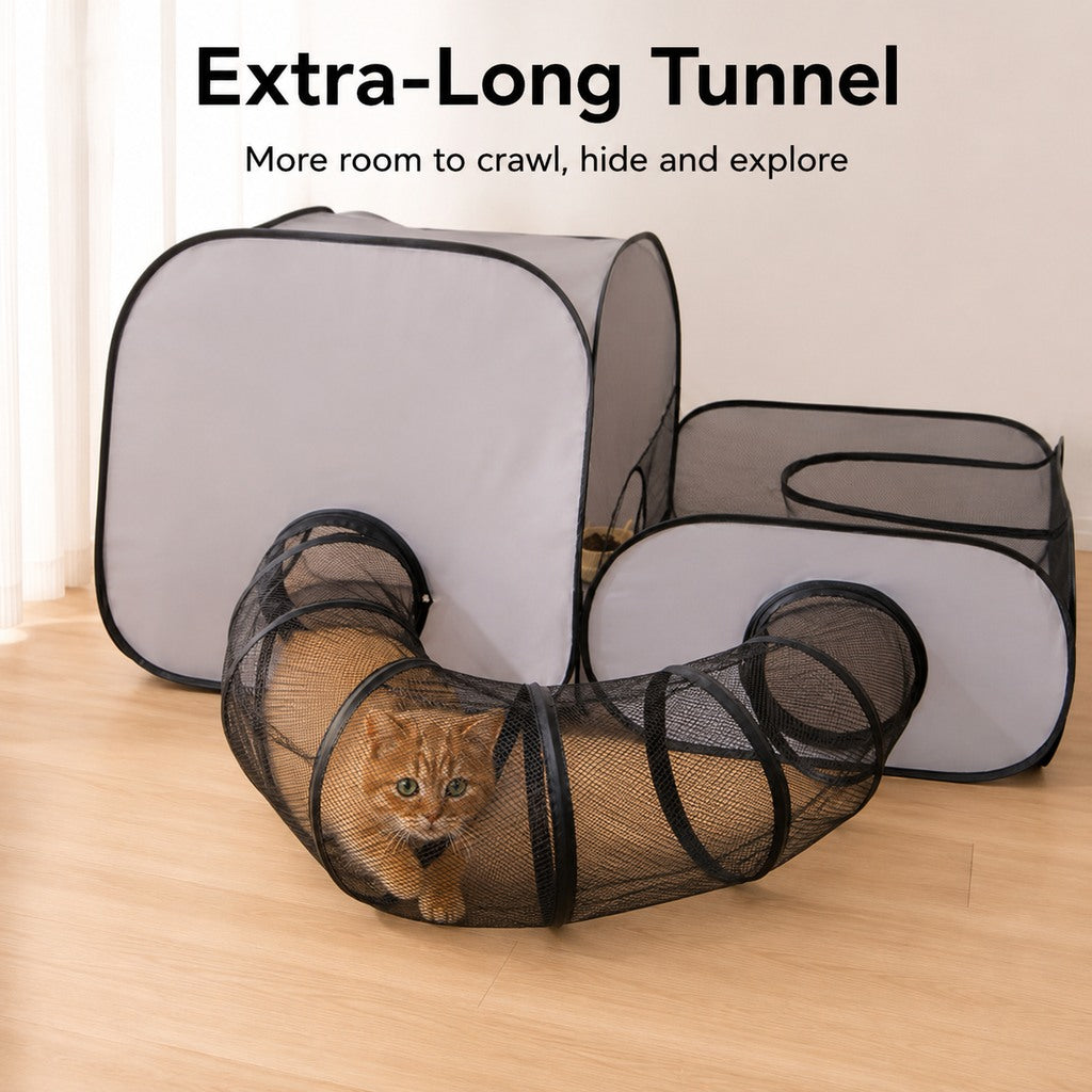 Malloren Indoor Cat Playpen with Tunnel & Resting Tent for Safe Home Play - 3-Zone Enclosure for Cats & Kittens