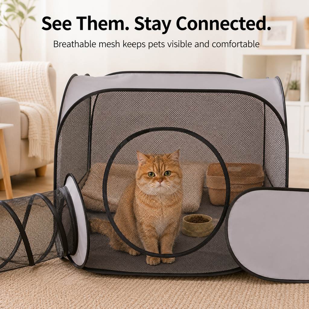 Malloren Indoor Cat Playpen with Tunnel & Resting Tent for Safe Home Play - 3-Zone Enclosure for Cats & Kittens