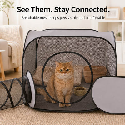 Malloren Indoor Cat Playpen with Tunnel & Resting Tent for Safe Home Play - 3-Zone Enclosure for Cats & Kittens