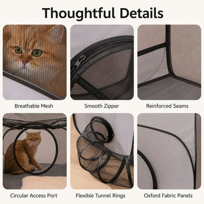 Malloren Indoor Cat Playpen with Tunnel & Resting Tent for Safe Home Play - 3-Zone Enclosure for Cats & Kittens