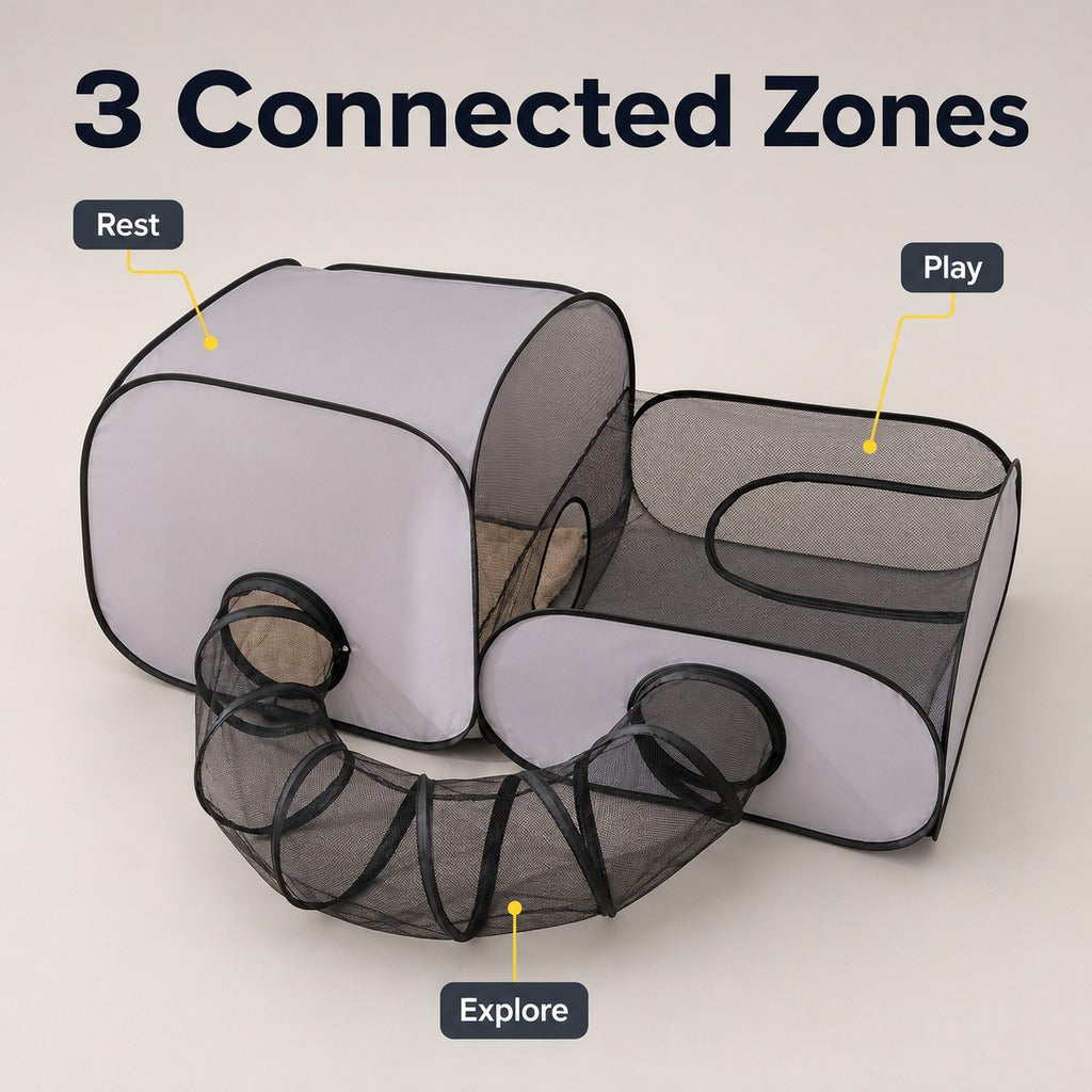 Malloren Indoor Cat Playpen with Tunnel & Resting Tent for Safe Home Play - 3-Zone Enclosure for Cats & Kittens