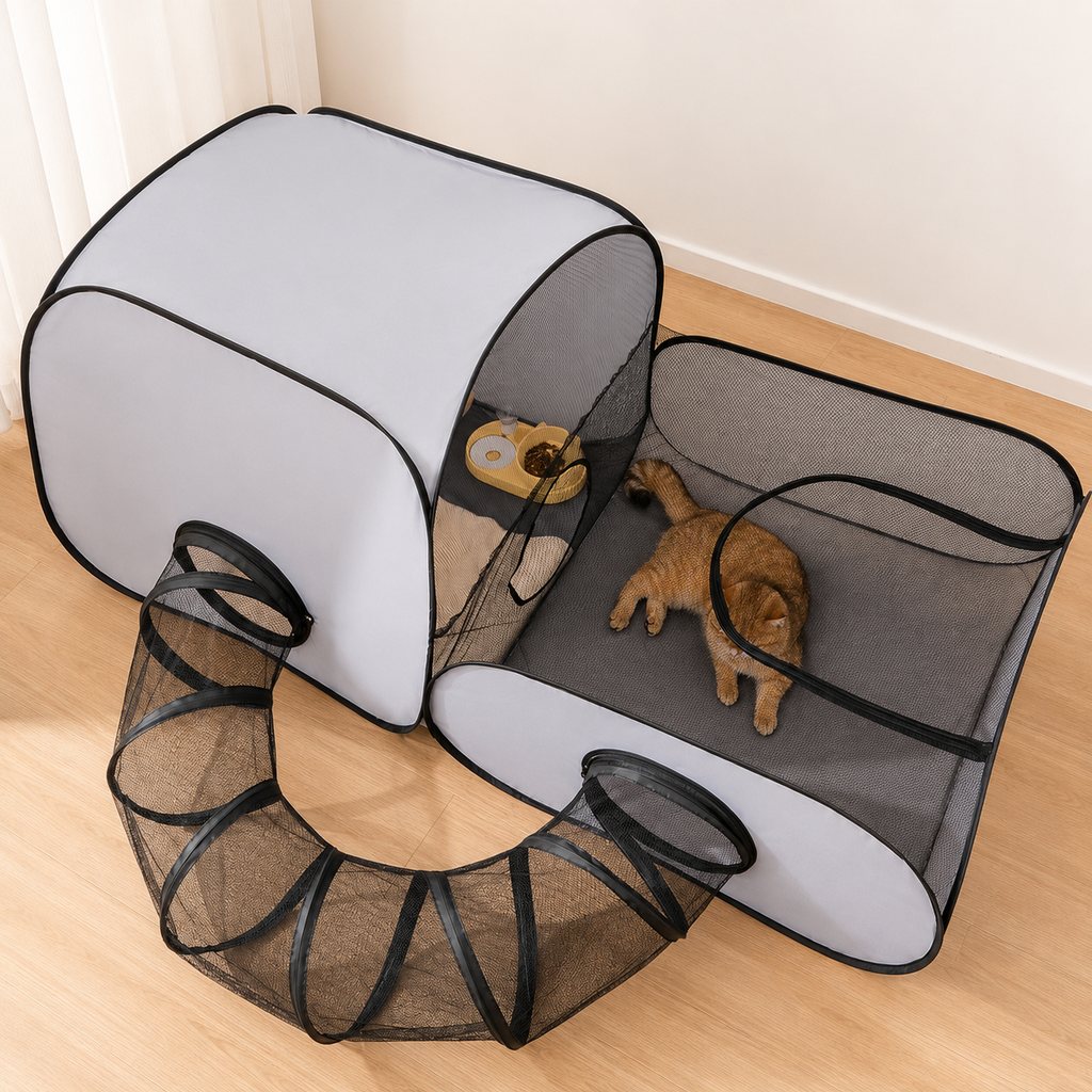 Malloren Indoor Cat Playpen with Tunnel & Resting Tent for Safe Home Play - 3-Zone Enclosure for Cats & Kittens
