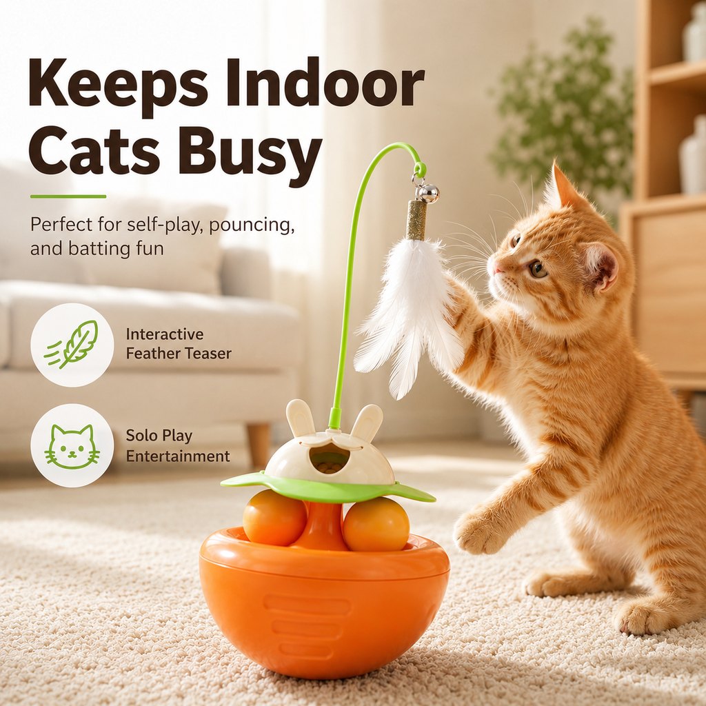 Malloren Interactive Wobble Cat Toy for Indoor Cats - Treat-Dispensing Feather Teaser That Keeps Cats Busy