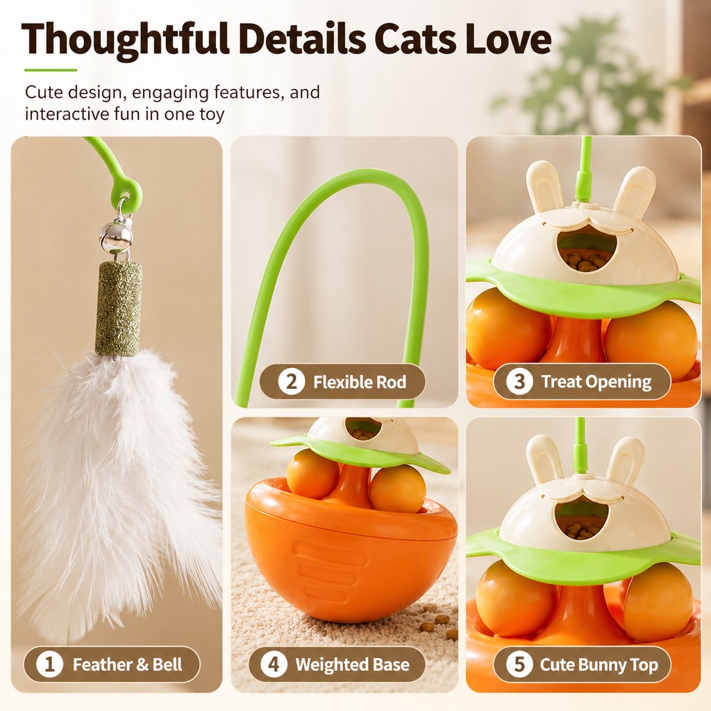Malloren Interactive Wobble Cat Toy for Indoor Cats - Treat-Dispensing Feather Teaser That Keeps Cats Busy