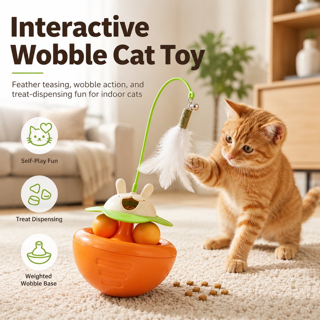 Malloren Interactive Wobble Cat Toy for Indoor Cats - Treat-Dispensing Feather Teaser That Keeps Cats Busy