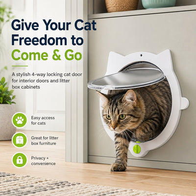 Malloren 4-Way Locking Interior Cat Door for Litter Box Cabinets & Rooms - Private Access Without Door Scratching