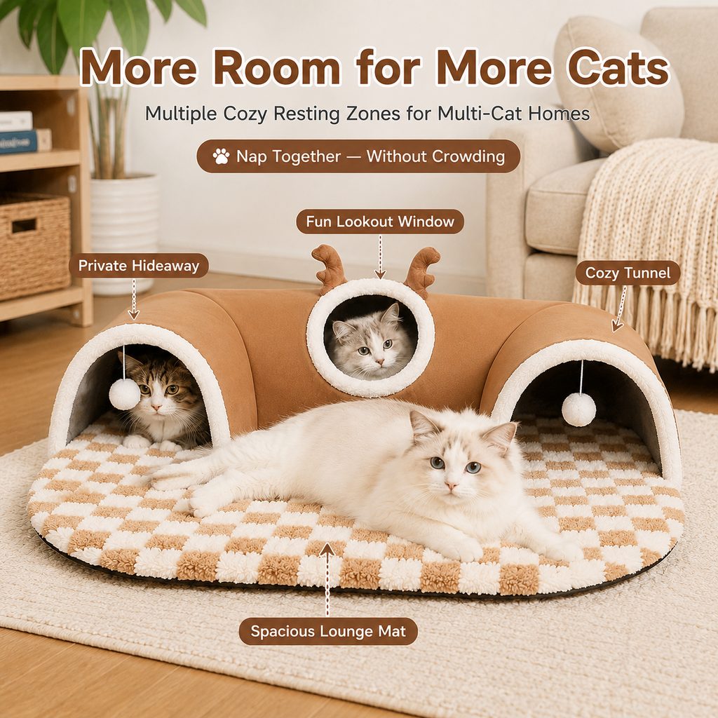 Malloren 3-in-1 Multi-Cat Tunnel Bed & Play Mat for Indoor Cats - Spacious Cozy Hideaway for Shared Rest, Play & Less Bed Competition
