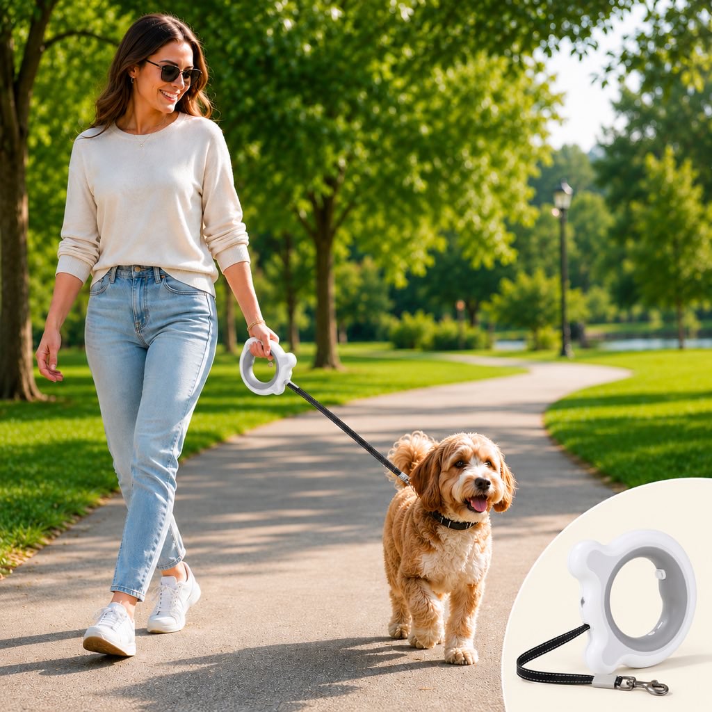 Malloren Retractable Dog Leash for Night Walks & Daily Walks - Optional LED Light, 16ft Reflective Tape & One-Touch Brake for Better Visibility and Control
