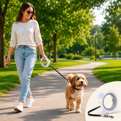 Malloren Retractable Dog Leash for Night Walks & Daily Walks - Optional LED Light, 16ft Reflective Tape & One-Touch Brake for Better Visibility and Control