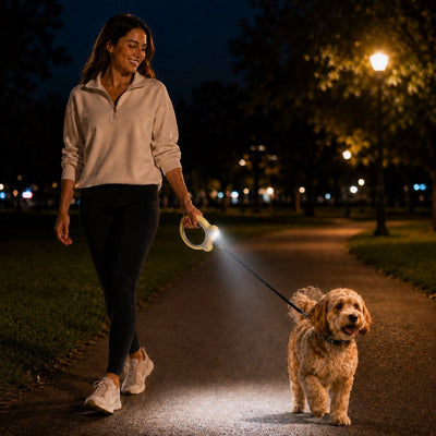 Malloren Retractable Dog Leash for Night Walks & Daily Walks - Optional LED Light, 16ft Reflective Tape & One-Touch Brake for Better Visibility and Control
