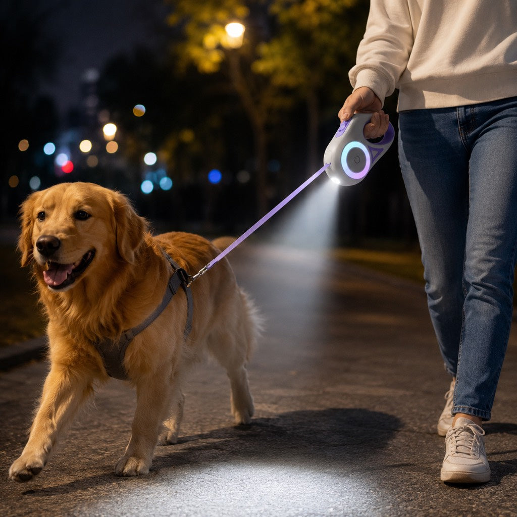 Malloren LED Retractable Dog Leash for Night Walks - Light-Up Dog Leash with Built-In Spotlight, RGB Side Glow & One-Touch Brake for Safer Evening Walks