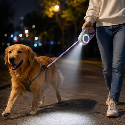 Malloren LED Retractable Dog Leash for Night Walks - Light-Up Dog Leash with Built-In Spotlight, RGB Side Glow & One-Touch Brake for Safer Evening Walks
