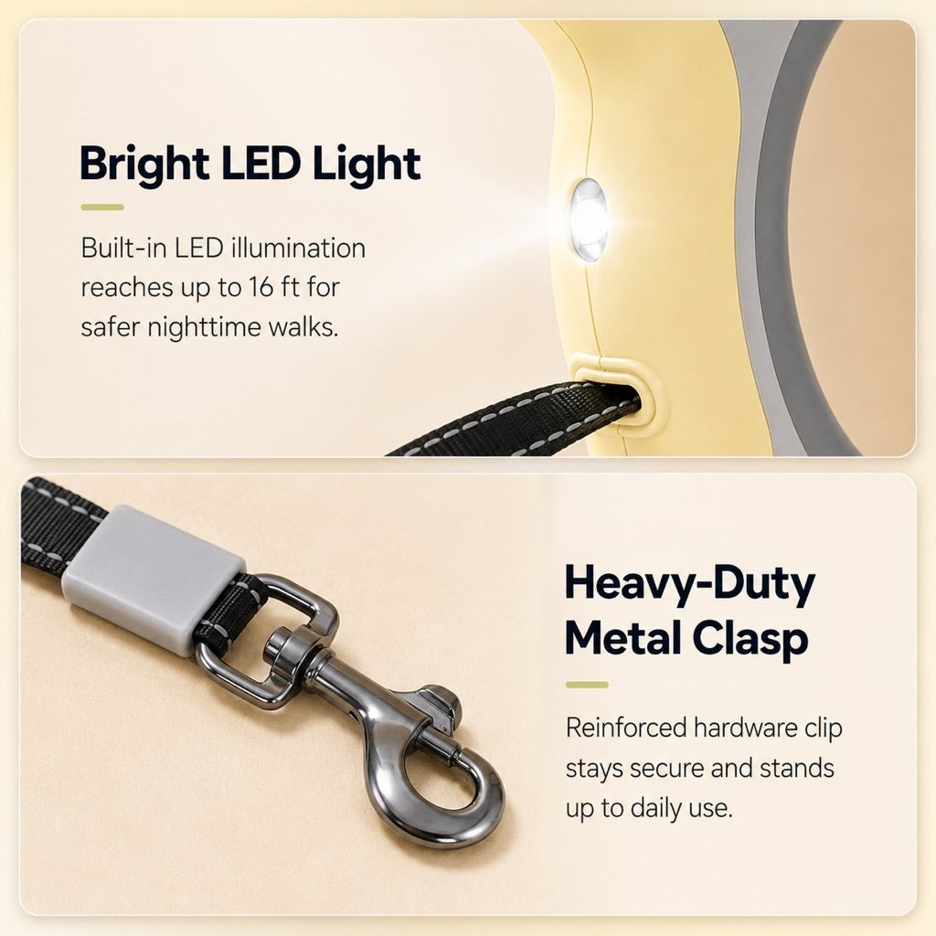 Malloren Retractable Dog Leash for Night Walks & Daily Walks - Optional LED Light, 16ft Reflective Tape & One-Touch Brake for Better Visibility and Control