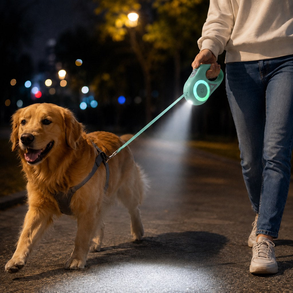 Malloren LED Retractable Dog Leash for Night Walks - Light-Up Dog Leash with Built-In Spotlight, RGB Side Glow & One-Touch Brake for Safer Evening Walks