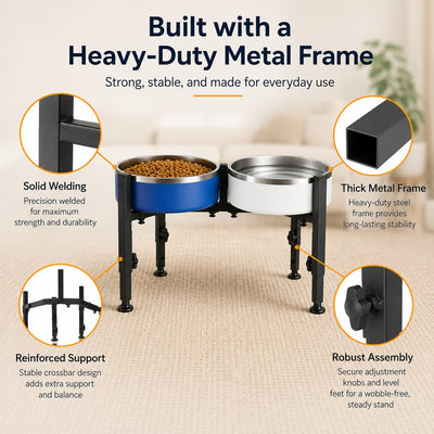Malloren Adjustable Raised Dog Bowl Stand for Home Feeding - No-Bend Metal Pet Bowl Holder for Cleaner, More Comfortable Meals