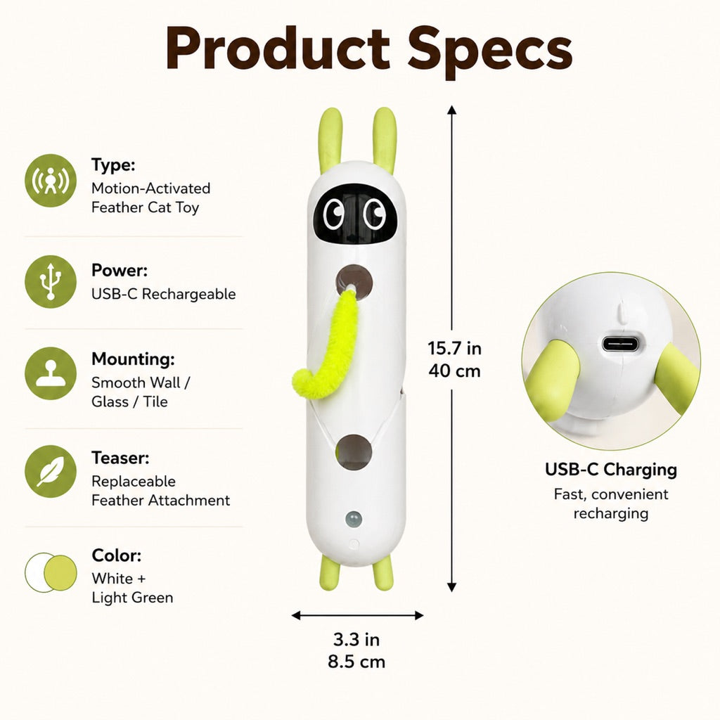 Malloren Motion-Activated Feather Cat Toy for Indoor Play - Wall-Mounted Teaser That Keeps Bored Cats Busy