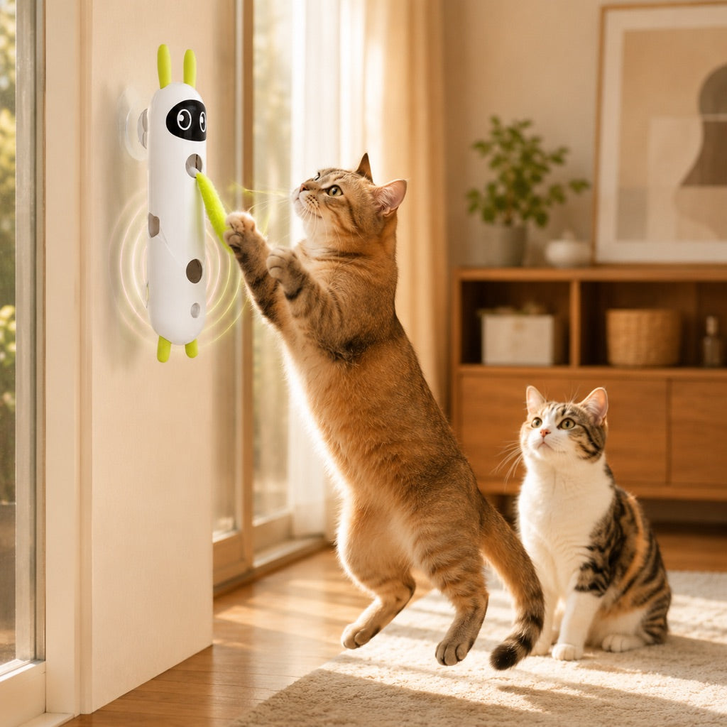 Malloren Motion-Activated Feather Cat Toy for Indoor Play - Wall-Mounted Teaser That Keeps Bored Cats Busy