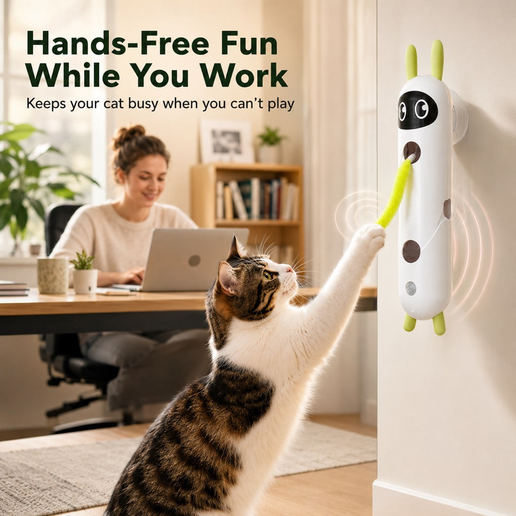 Malloren Motion-Activated Feather Cat Toy for Indoor Play - Wall-Mounted Teaser That Keeps Bored Cats Busy