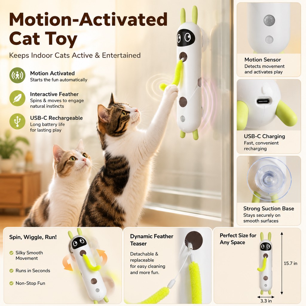 Malloren Motion-Activated Feather Cat Toy for Indoor Play - Wall-Mounted Teaser That Keeps Bored Cats Busy