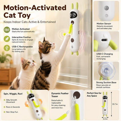 Malloren Motion-Activated Feather Cat Toy for Indoor Play - Wall-Mounted Teaser That Keeps Bored Cats Busy