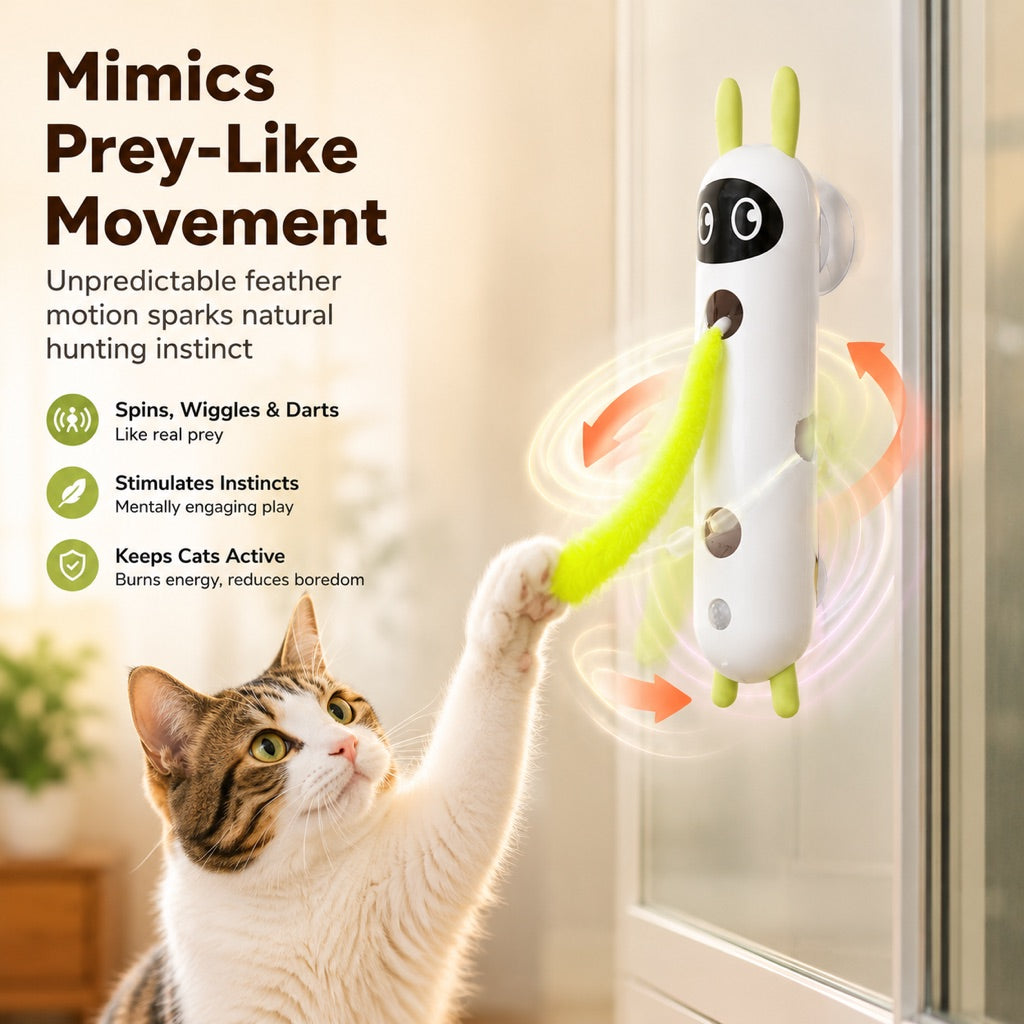Malloren Motion-Activated Feather Cat Toy for Indoor Play - Wall-Mounted Teaser That Keeps Bored Cats Busy