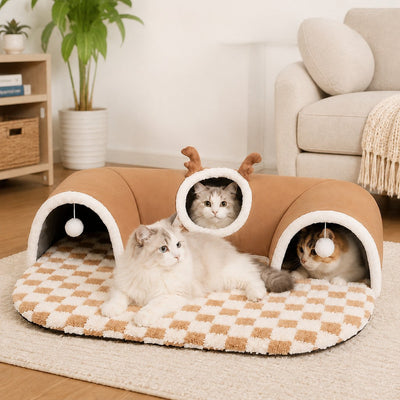 Malloren 3-in-1 Multi-Cat Tunnel Bed & Play Mat for Indoor Cats - Spacious Cozy Hideaway for Shared Rest, Play & Less Bed Competition