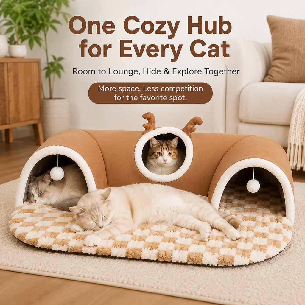 Malloren 3-in-1 Multi-Cat Tunnel Bed & Play Mat for Indoor Cats - Spacious Cozy Hideaway for Shared Rest, Play & Less Bed Competition