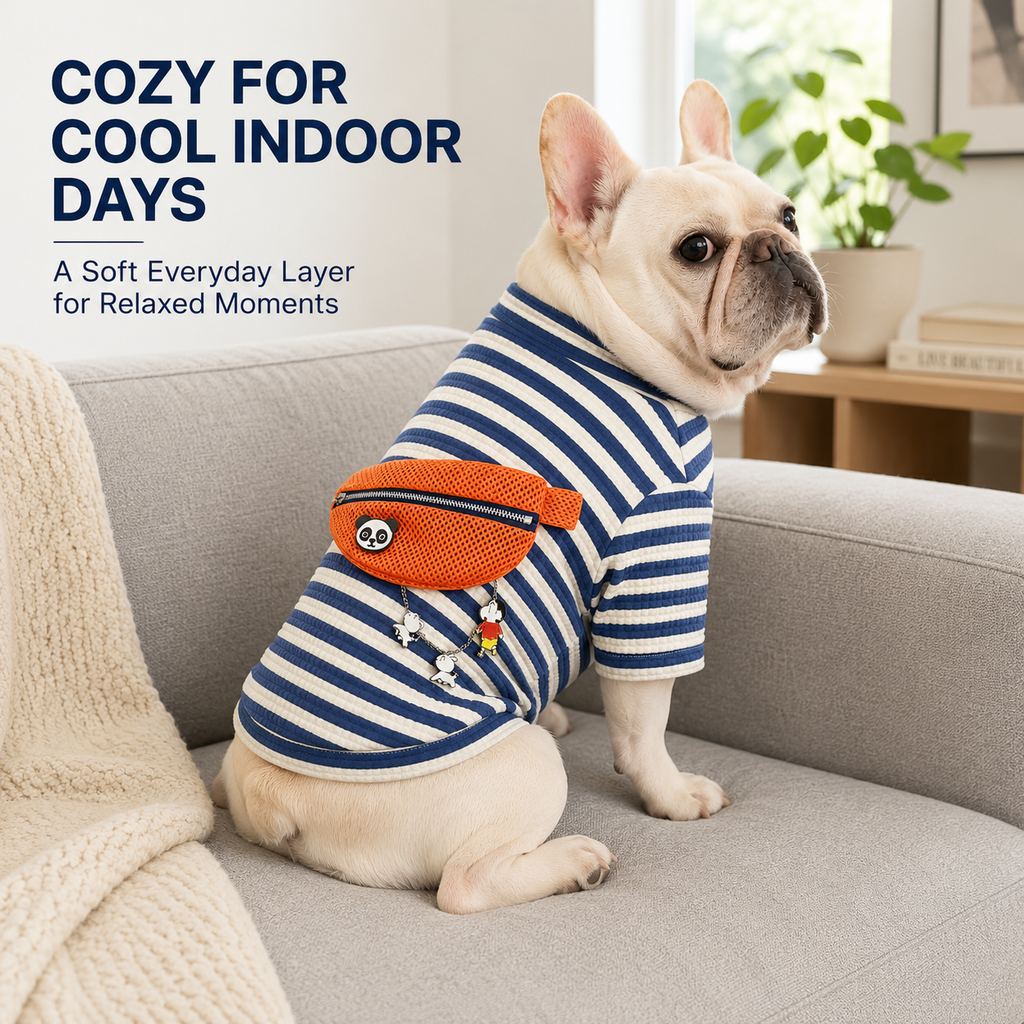 Malloren French Bulldog Striped Pocket Pullover for Cool Indoor Spaces & Easy Walks - Broad-Chest Sizing