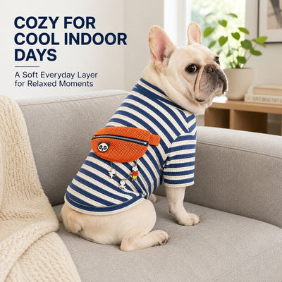 Malloren French Bulldog Striped Pocket Pullover for Cool Indoor Spaces & Easy Walks - Broad-Chest Sizing