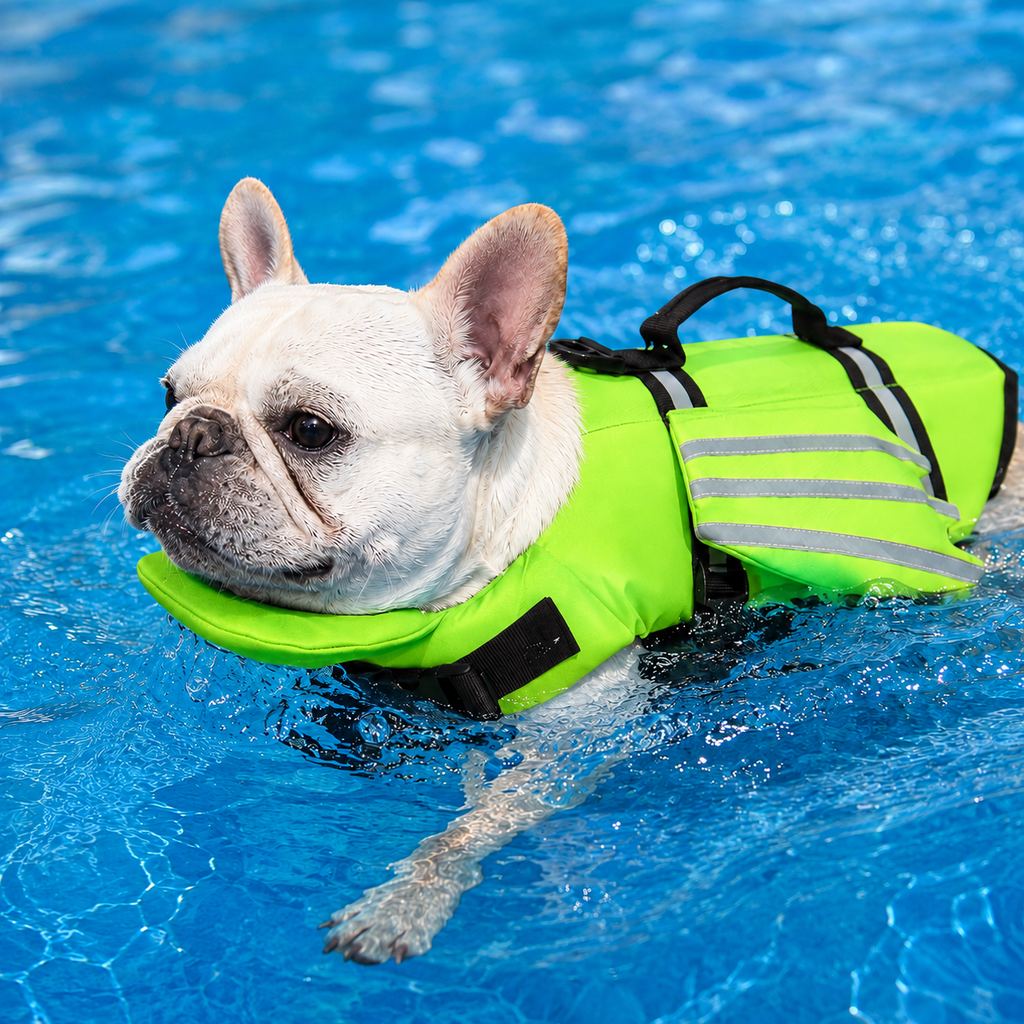 Malloren French Bulldog Pool & Beach Reflective Angel-Wing Dog Life Jacket - Chin Float Support for Flat-Faced Dogs