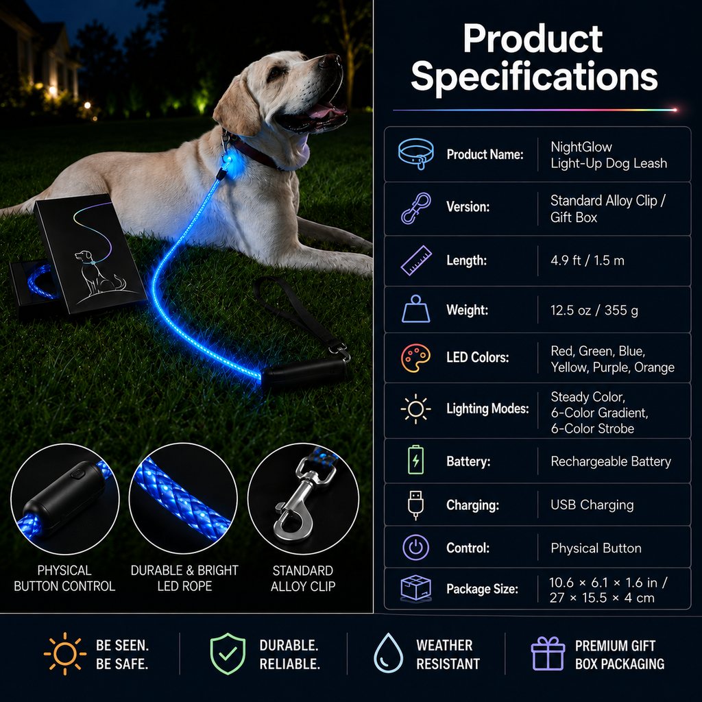 Malloren NightGlow LED Light-Up Dog Leash for Night Walks - USB Rechargeable Safety Leash That Helps Your Dog Stay Visible in the Dark