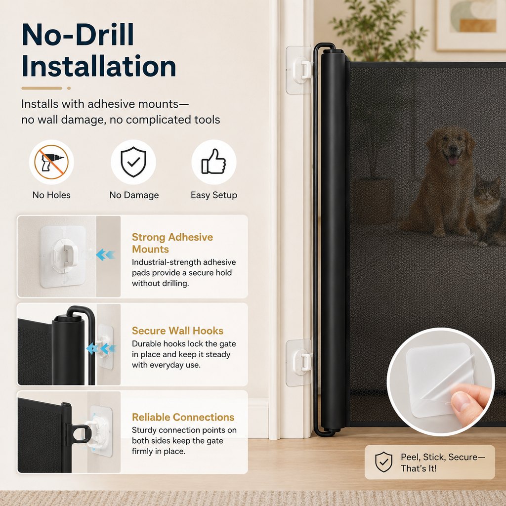 Malloren No-Drill Retractable Pet Gate for Doorways, Kitchens & Stairs - Keep Cats and Dogs Safely Out of Off-Limit Areas