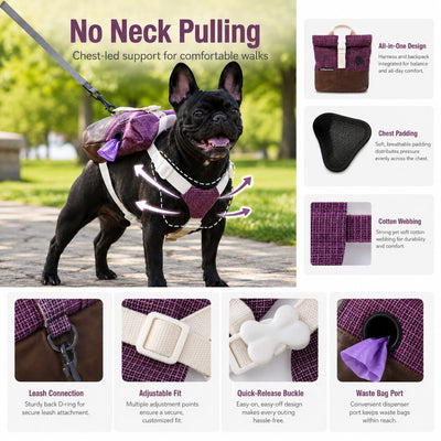 Malloren Frenchie Adventure Backpack Harness for Daily Walks - Carry Poop Bags, Treats & Keys Without Neck Pulling