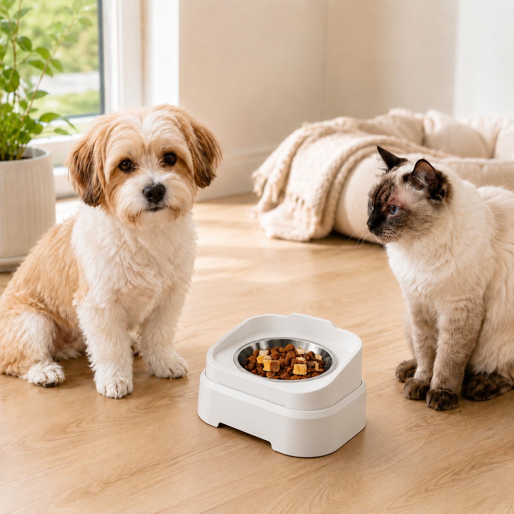Malloren Adjustable Elevated Slow Feeder Pet Bowl for Cats & Small Dogs - Less Mess, Slower Meals & Easy Cleaning