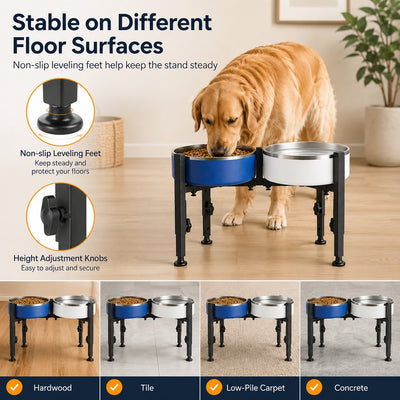 Malloren Adjustable Raised Dog Bowl Stand for Home Feeding - No-Bend Metal Pet Bowl Holder for Cleaner, More Comfortable Meals