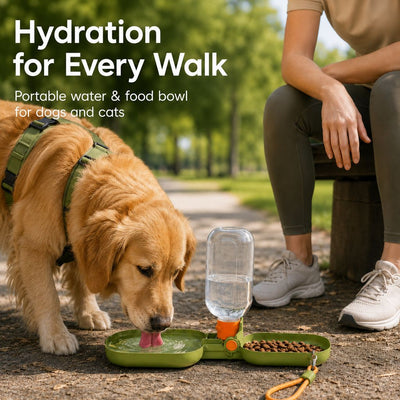 Malloren Portable Folding Pet Water & Food Cup for Walks & Hiking - 15.6 oz Leak-Resistant Dog & Cat Travel Bottle Bowl