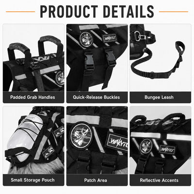 Malloren Outdoor Dog Harness & Bungee Leash Set with Dual Handles, Storage Pouch & Patch Accessories for Hiking, Walking and Everyday Adventures