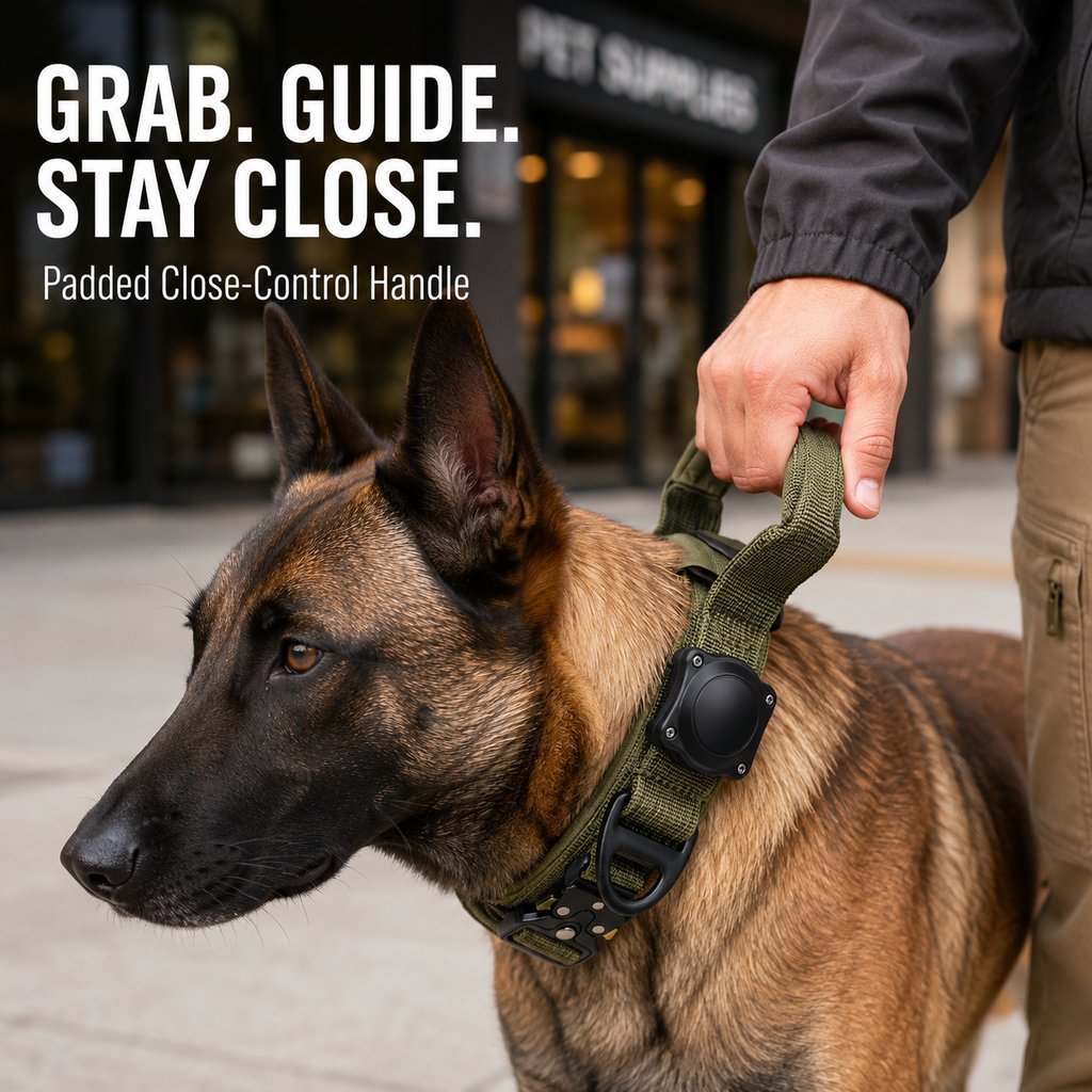 Malloren AirTag-Compatible Tactical Dog Collar with Control Handle - Close Control for Walks, Trails & Busy Areas